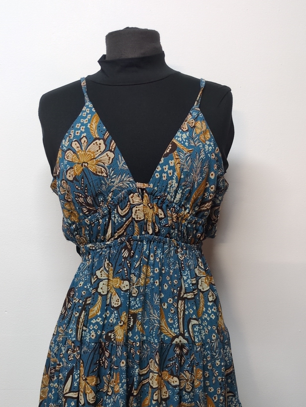 Angie Boho Floral Tie Back Cutout Tiered Mini Dress Teal Yellow, Size L - Picture 2 of 11
